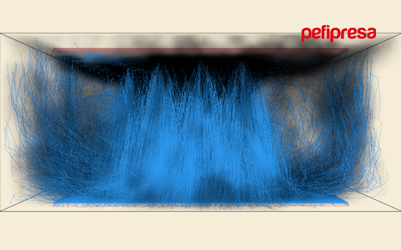 Pantalla de software de simulacion de incendios analizando la evolucion de temperatura y humo en tiempo real